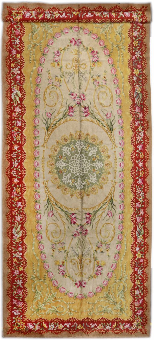 Full view of 1970s Semi-antique Carpets rug from Spain, 800 × 330 cm in Yellow tones