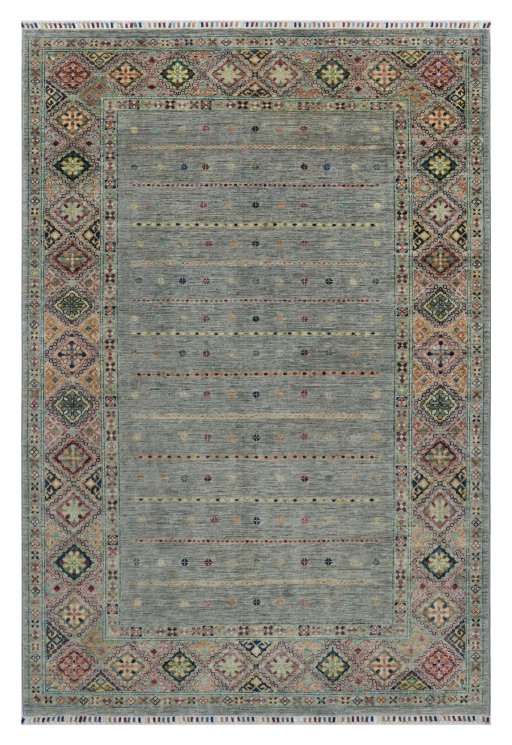 Full view of New Samarkand rug from Pakistan, 243 × 167 cm in Gray tones
