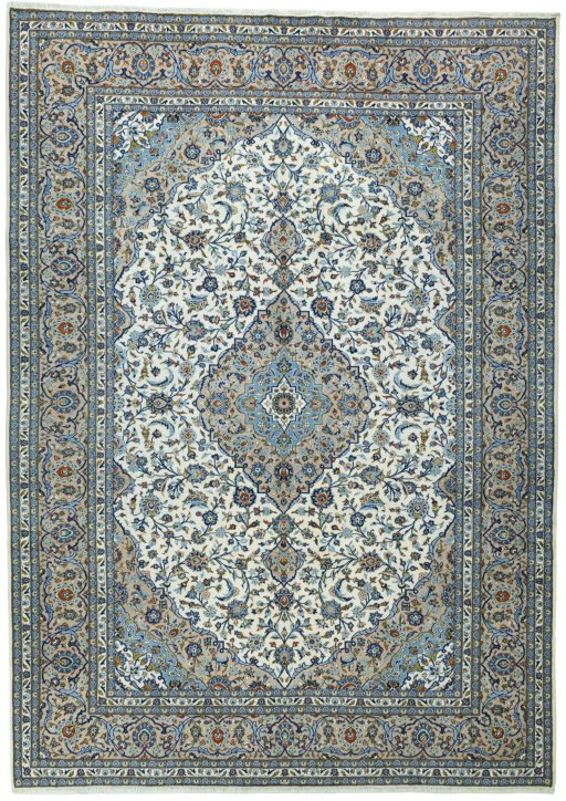 Full view of 2000s Kashan rug from Iran / Persia, 408 × 292 cm in Beige tones