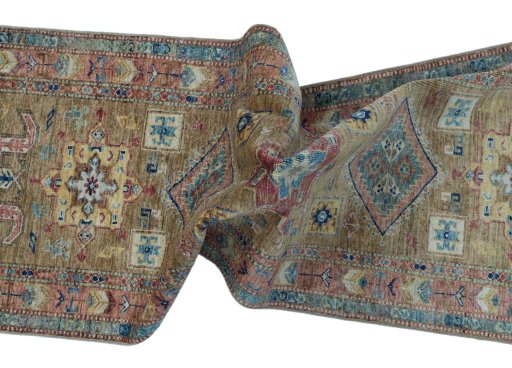 Full view of New Kazak rug from Pakistan, 249 × 77 cm in Yellow tones