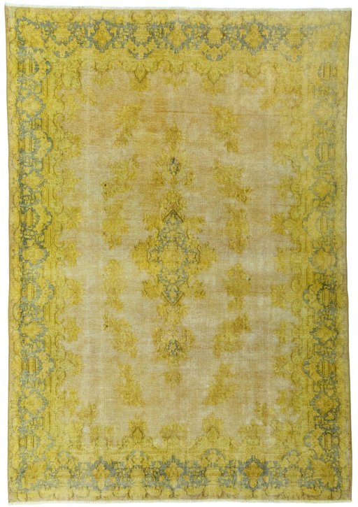 Full view of 1950s Vintage rug from Pakistan, 336 × 233 cm in Yellow tones
