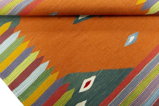 Full view of New Kilim Sofre rug from Turkey, 103 × 97 cm in Multi Color tones