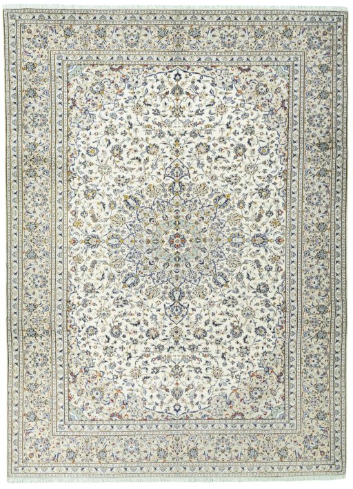 Full view of 2000s Kashan rug from Iran / Persia, 410 × 300 cm in Beige tones