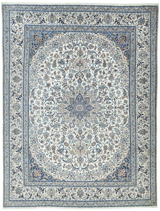 Full view of New Nain rug from Iran / Persia, 388 × 296 cm in Beige tones