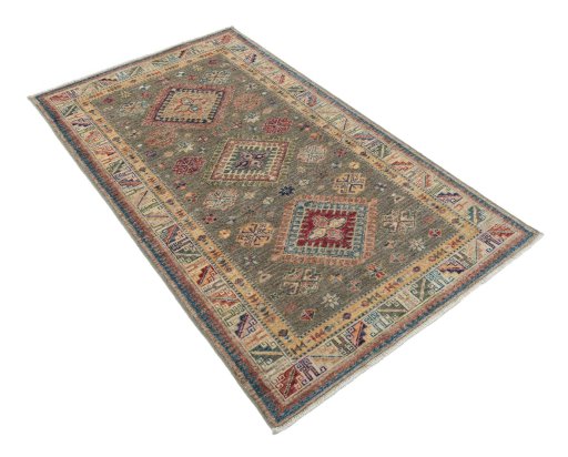 Corner detail of New Kazak rug showing border pattern and Wool pile