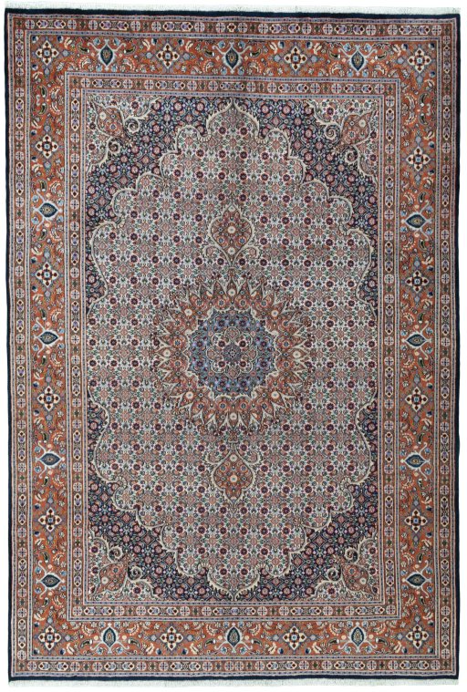 Full view of 2000s Moud rug from Iran / Persia, 296 × 200 cm in Beige tones