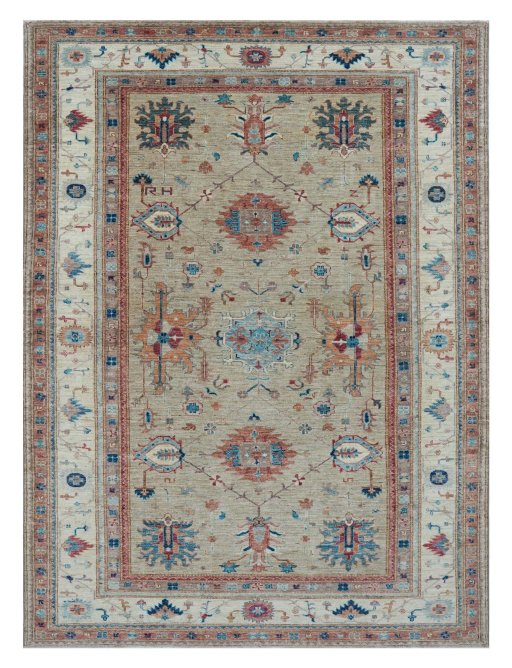 Full view of New Kazak rug from Pakistan, 291 × 213 cm in Beige tones