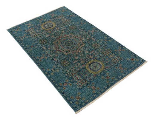 Corner detail of New Mamluk rug showing border pattern and Wool pile