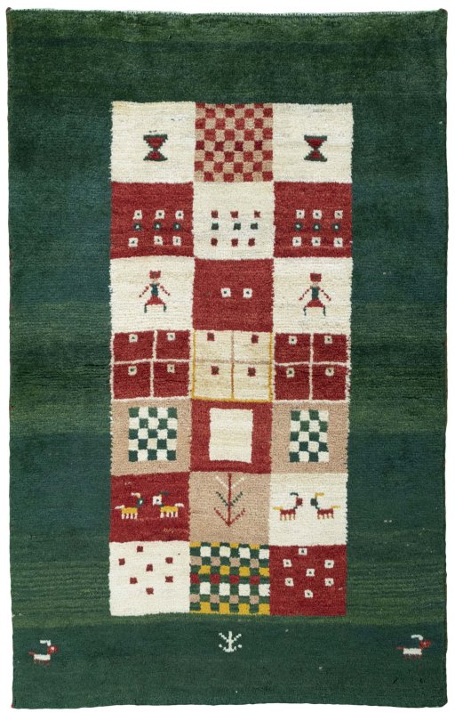 Full view of 2000s Persian Gabbeh rug from Pakistan, 165 × 105 cm in Multi Color tones