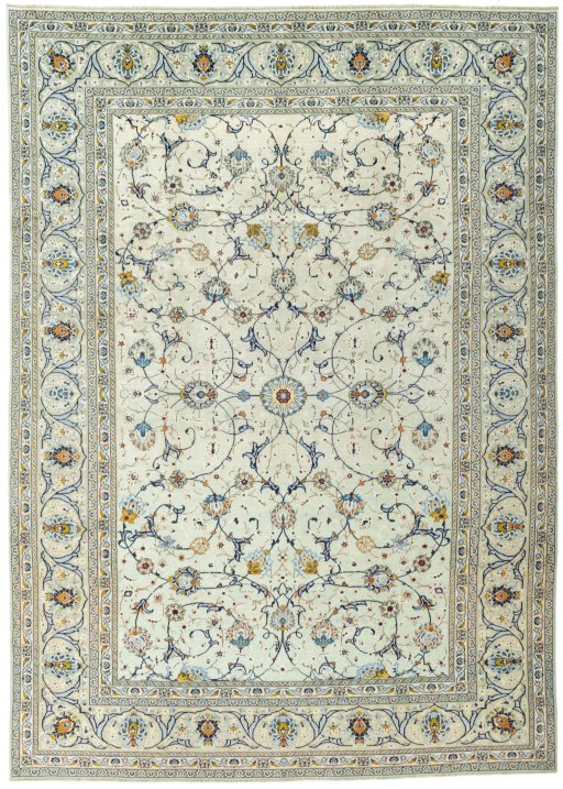 Full view of 2000s Kashan rug from Iran / Persia, 356 × 255 cm in Beige tones