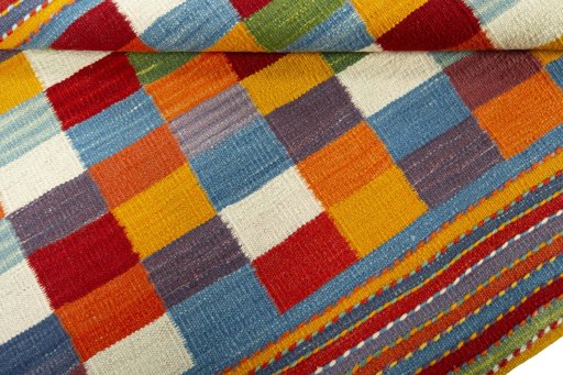 Full view of New Kilim Sofre rug from Turkey, 90 × 109 cm in Multi Color tones