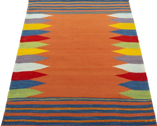 Close-up detail of New Kilim Sofre rug from Turkey showing Wool weave