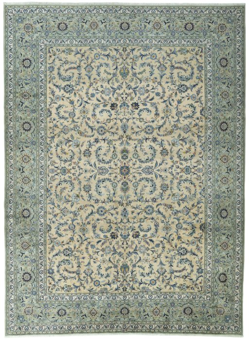 Full view of 2000s Kashan rug from Iran / Persia, 442 × 323 cm in Beige tones