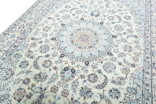 Backside of handmade New Nain rug showing knot structure and weave density