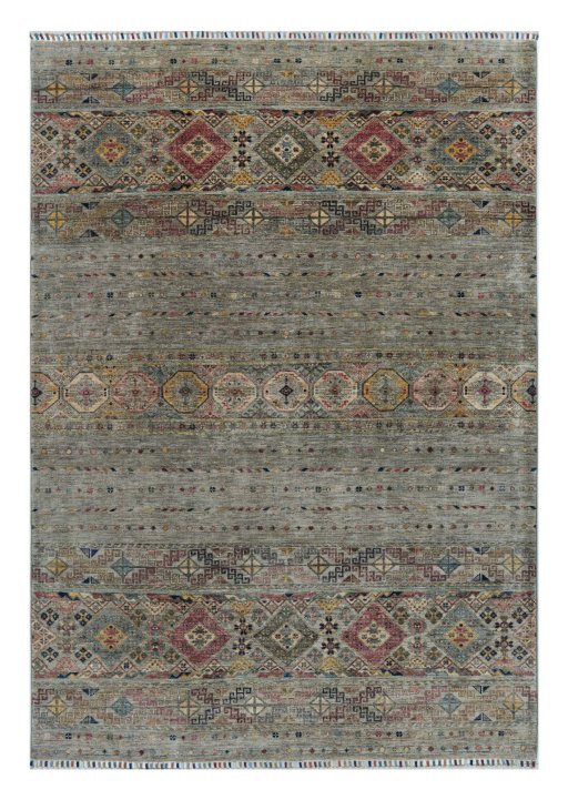 Full view of New Samarkand rug from Pakistan, 242 × 169 cm in Gray tones