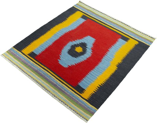 Corner detail of New Kilim Sofre rug showing border pattern and Wool pile