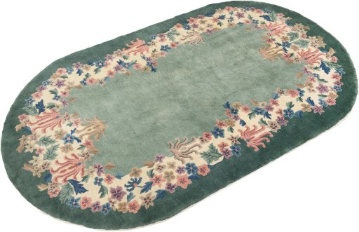 Corner detail of 1940s China rug showing border pattern and Wool pile
