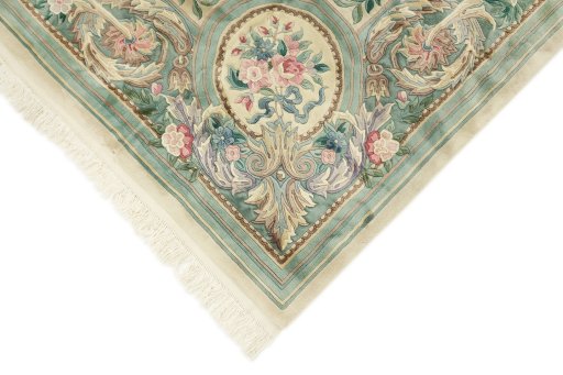 Backside of handmade 1970s China rug showing knot structure and weave density