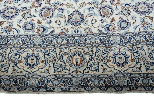 Full view of 2000s Kashan rug from Iran / Persia, 405 × 290 cm in Beige tones