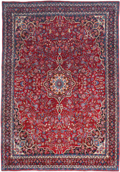 Full view of 1950s Bijar rug from Iran / Persia, 323 × 223 cm in Red tones