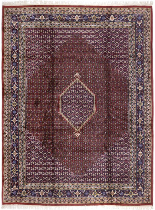 Full view of 1970s Bijar rug from India, 398 × 301 cm in Dark red tones