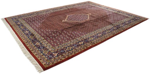Corner detail of 1970s Bijar rug showing border pattern and Wool pile