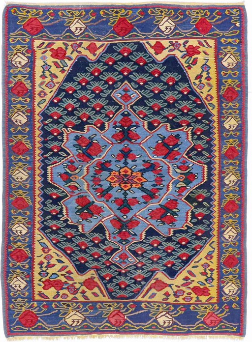 Full view of 1920s Bijar rug from Iran / Persia, 183 × 94 cm in Dark blue tones