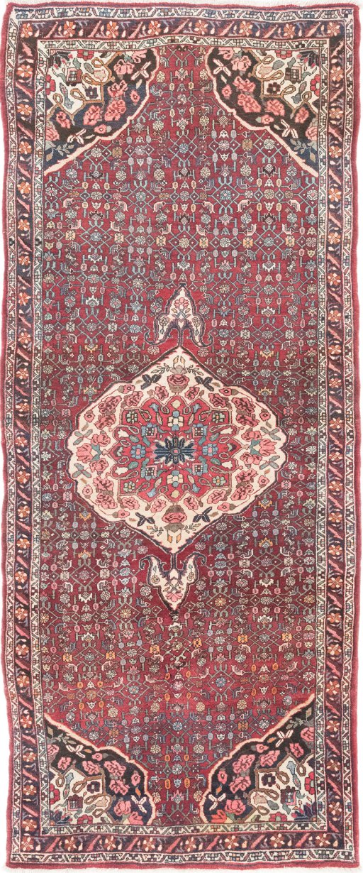 Full view of 1920s Bijar rug from Iran / Persia, 281 × 117 cm in Red tones