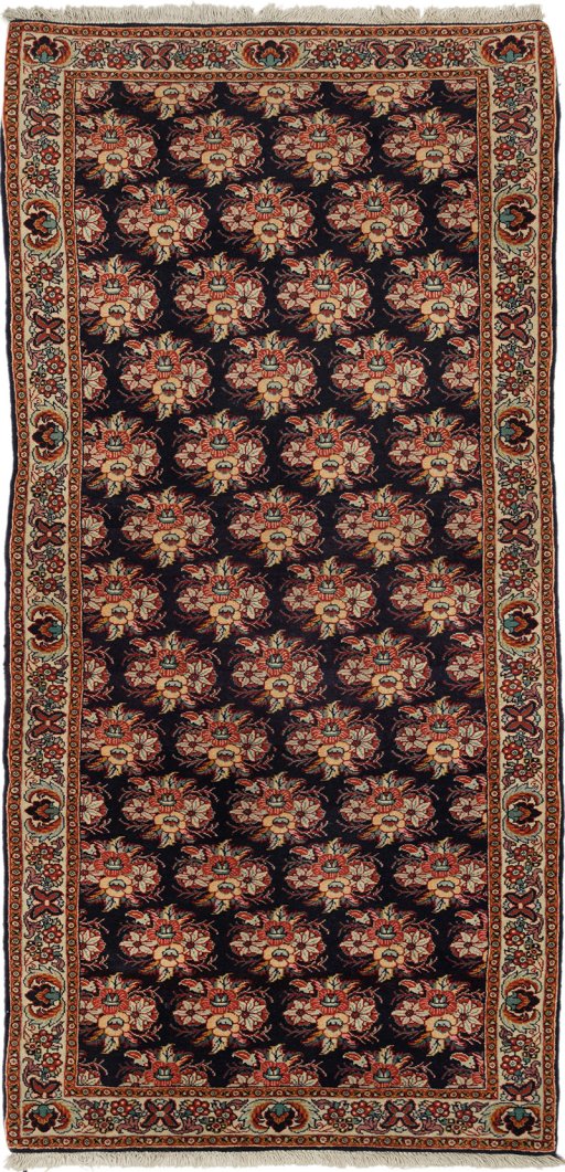 Full view of New Bijar rug from Iran / Persia, 231 × 77 cm in Dark blue tones