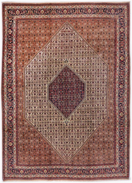 Full view of New Bijar rug from Iran / Persia, 335 × 255 cm in Beige tones