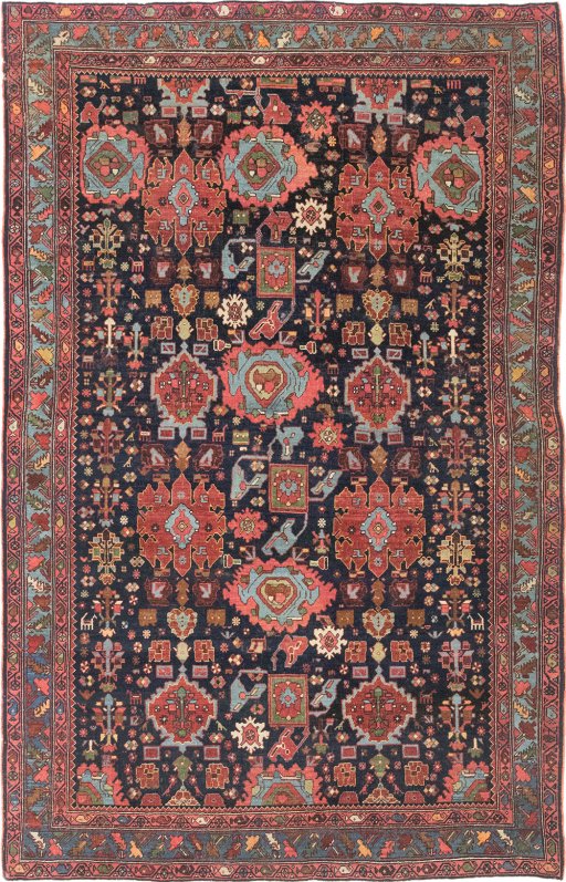 Full view of 1900s Bijar rug from Iran / Persia, 222 × 142 cm in Dark blue tones