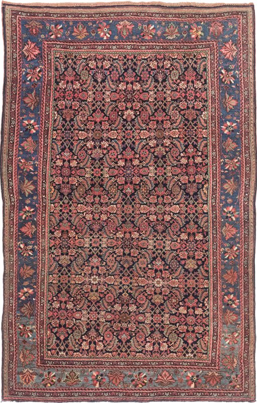 Full view of 1920s Bijar rug from Iran / Persia, 214 × 140 cm in Dark blue tones