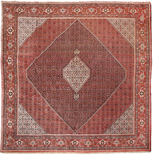 Full view of 1990s Bijar rug from Iran / Persia, 396 × 391 cm in Red tones