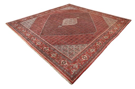 Corner detail of 1990s Bijar rug showing border pattern and Wool pile