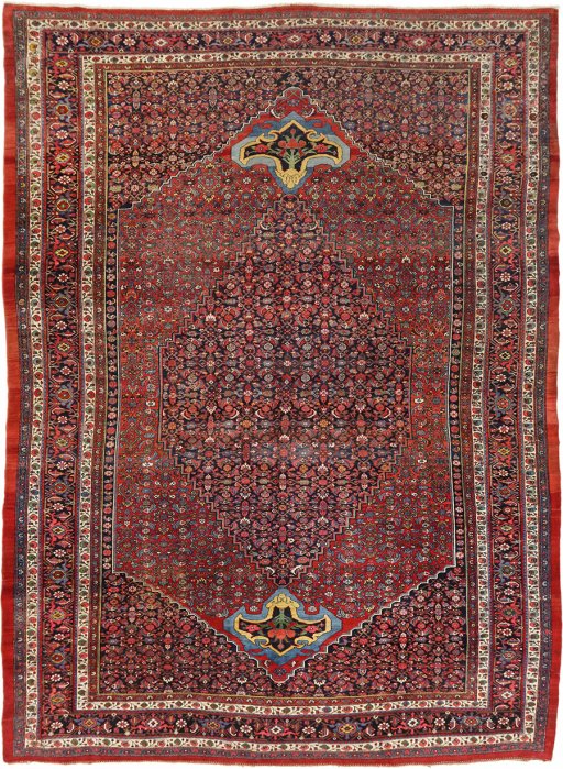 Full view of 1890s Bijar rug from Iran / Persia, 467 × 335 cm in Dark red tones