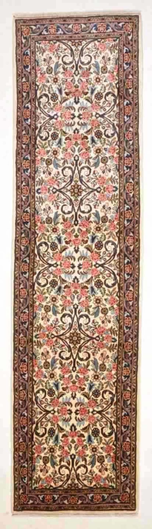 Full view of New Bijar rug from Iran / Persia, 276 × 73 cm in Beige tones