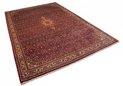 Corner detail of 1950s Bijar rug showing border pattern and Cork pile