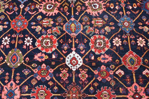 Full view of 1930s Bijar rug from Iran / Persia, 566 × 389 cm in Blue tones