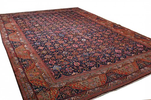 Corner detail of 1930s Bijar rug showing border pattern and Wool pile