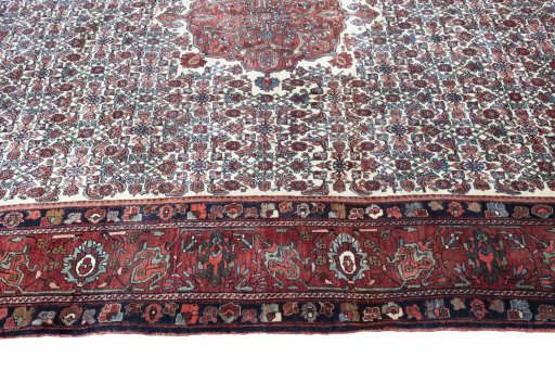 Full view of 1970s Bijar rug from Iran / Persia, 349 × 232 cm in Beige tones