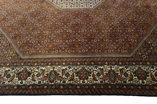 Corner detail of 2000s Bijar rug showing border pattern and Wool pile