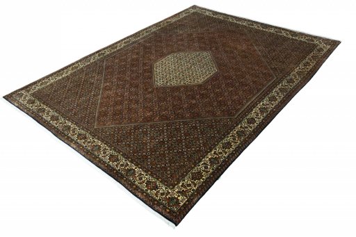 Corner detail of 2000s Bijar rug showing border pattern and Wool pile
