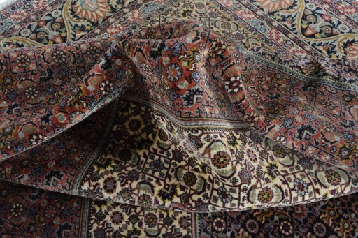 Surface texture of 2000s Bijar rug with natural Cork and intricate pattern