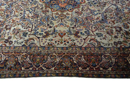 Corner detail of 1970s Bijar rug showing border pattern and Wool pile