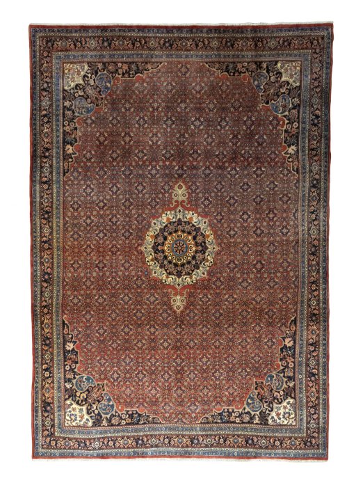 Full view of 1970s Bijar rug from Iran / Persia, 403 × 275 cm in Red tones