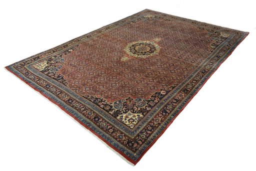 Corner detail of 1970s Bijar rug showing border pattern and Cork pile
