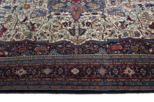 Corner detail of 1970s Bijar rug showing border pattern and Wool pile