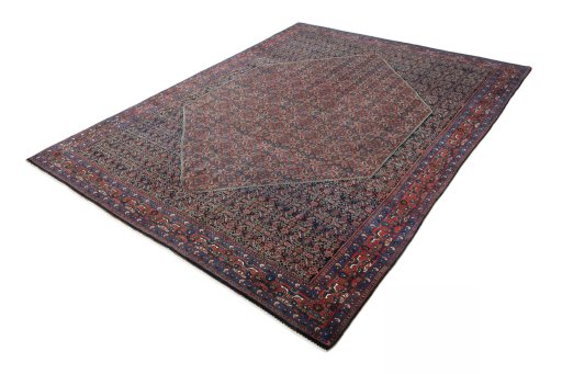 Corner detail of 1930s Bijar rug showing border pattern and Wool pile