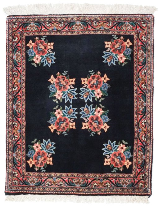 Full view of New Bijar rug from Iran / Persia, 95 × 74 cm in Dark blue tones