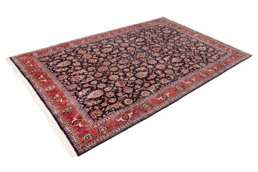 Corner detail of 2020s Bijar rug showing border pattern and Wool pile